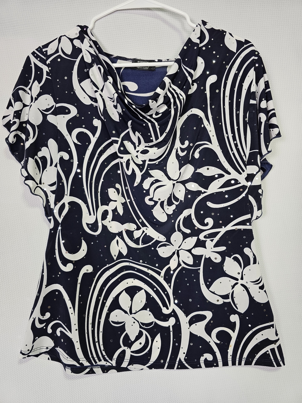 Ford Navy and White Floral Cowl Neck Blouse